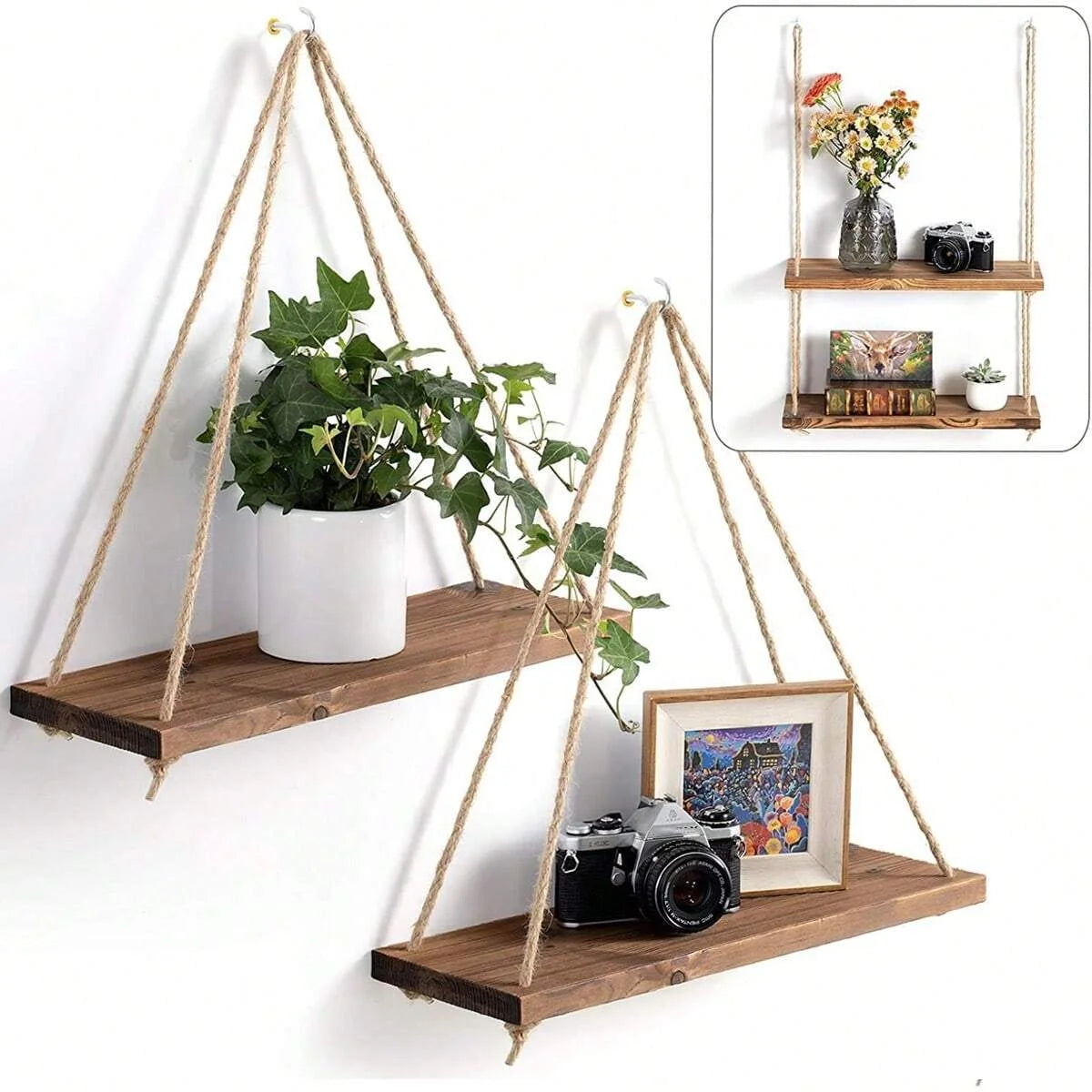 Wood Hanging Shelf with Rope