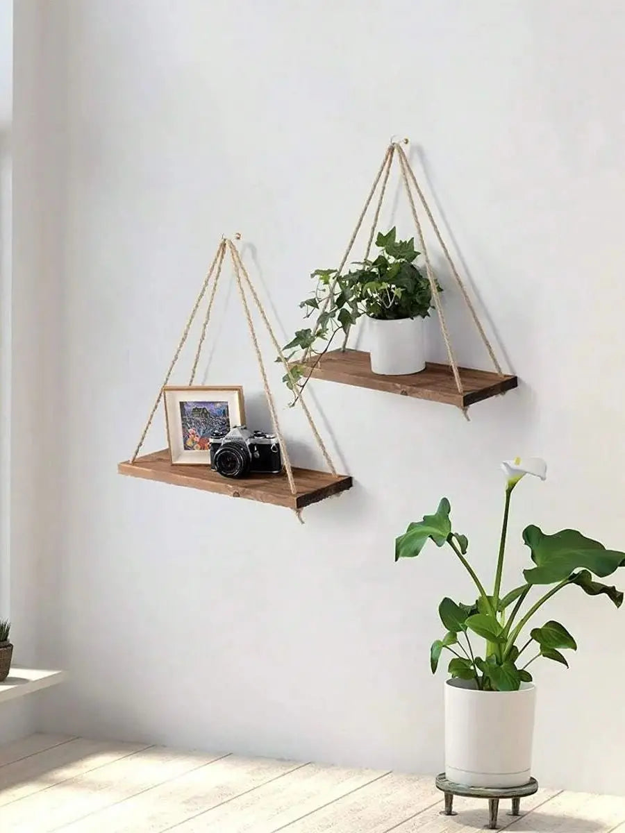 Wood Hanging Shelf with Rope