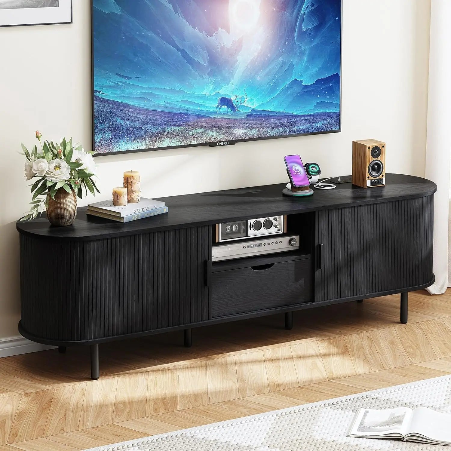 ONBRILL 69" TV Stand – Entertainment Center with Storage & Built-In Power Outlet
