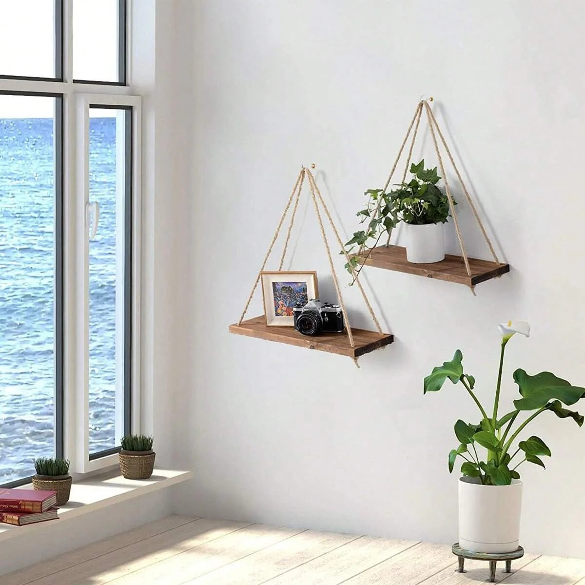 Wood Hanging Shelf with Rope