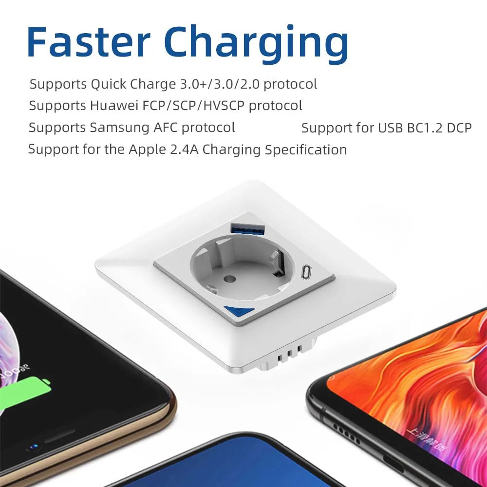 Smart EU Wall Socket with USB & Type-C Fast Charging