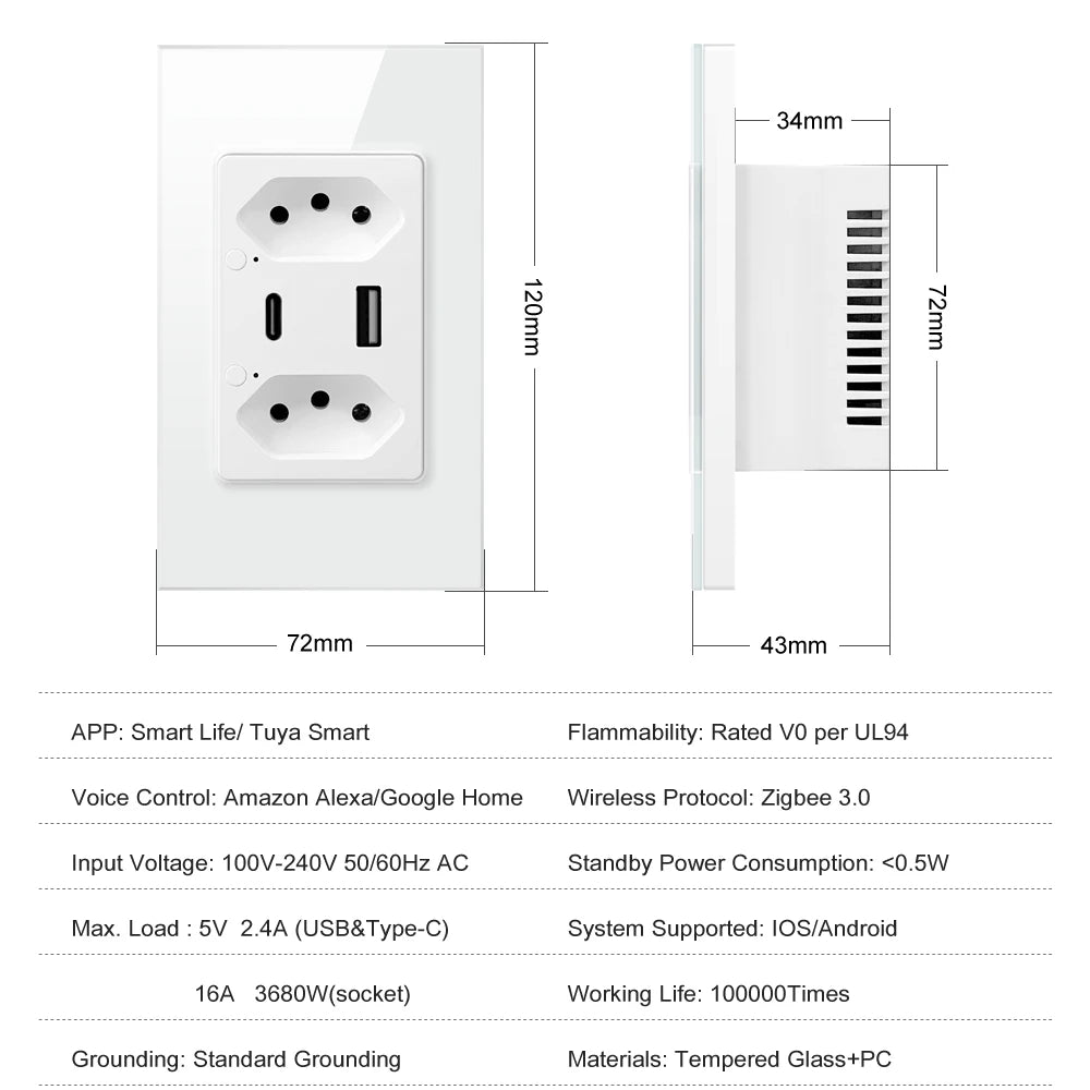AVATTO Tuya WiFi/ZigBee Smart Brazilian Wall Socket with USB/Type-C Fast Charging &amp; Voice Control