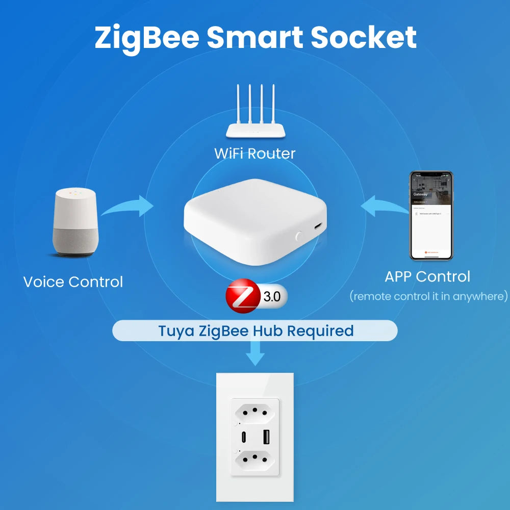 AVATTO Tuya WiFi/ZigBee Smart Brazilian Wall Socket with USB/Type-C Fast Charging &amp; Voice Control