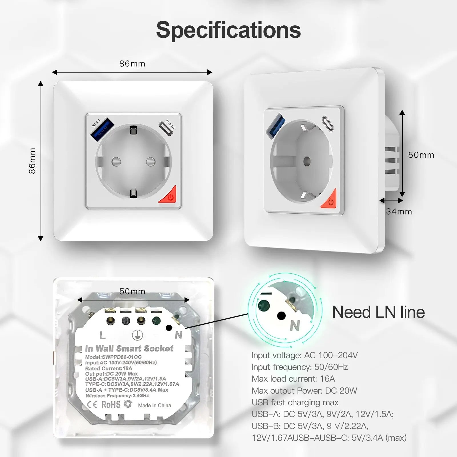 Smart EU Wall Socket with USB & Type-C Fast Charging